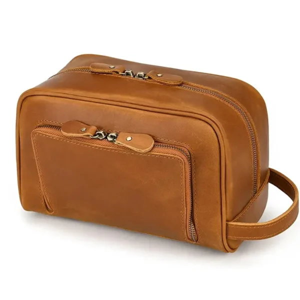 Trousse de Toilette Luxe Femme Cuir Véritable Marron Clair